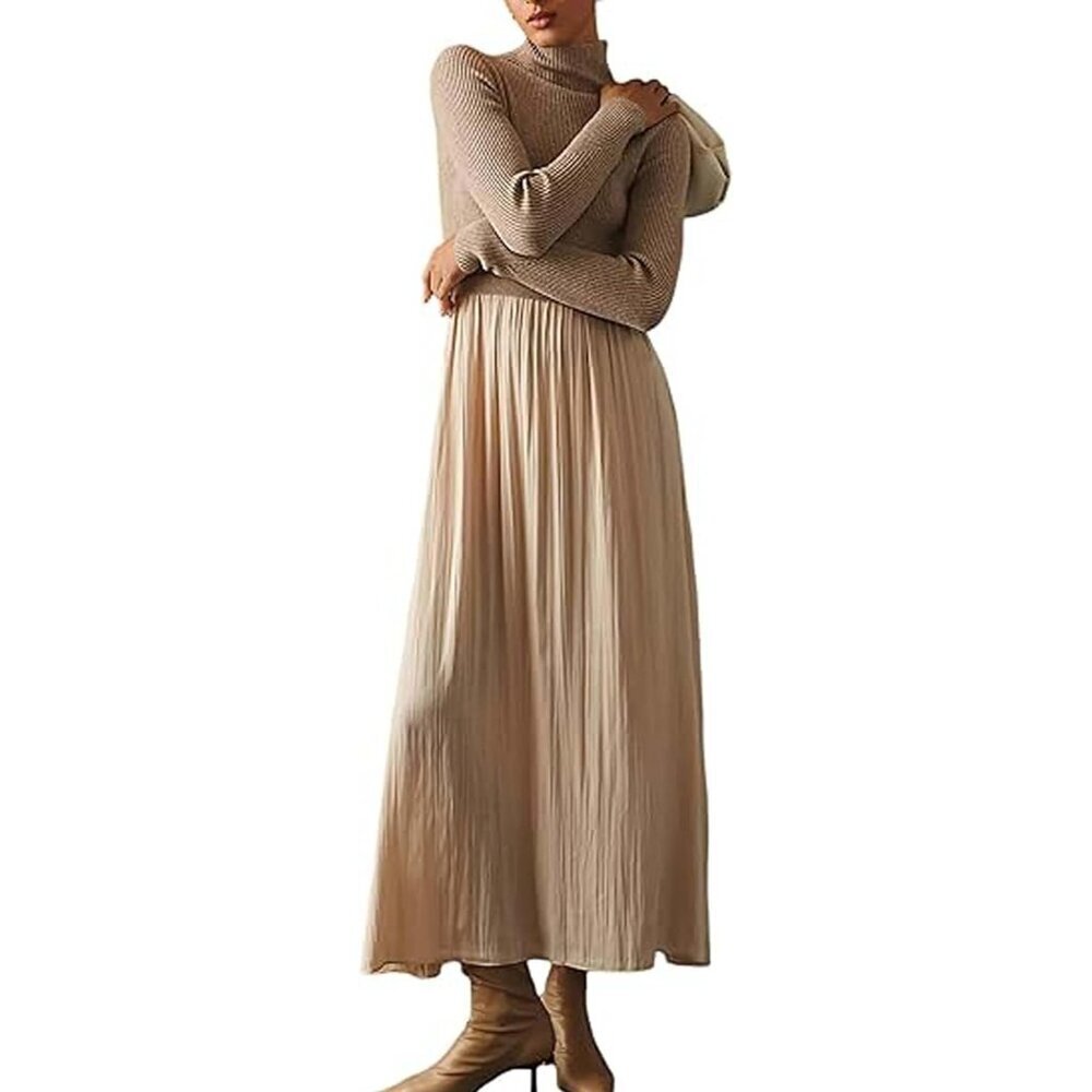 Womens Knit Maxi Sweater Dress Long Sleeve Turtleneck Casual Fall Winter